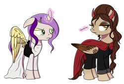 Size: 677x461 | Tagged: safe, artist:karmadash, oc, oc only, oc:calore, oc:krystal feathers, angel, pegasus, pony, unicorn, alternate hairstyle, clothes, costume, devil, fake wings, halloween, magic, makeup, pentagram, unamused