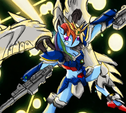 Size: 2000x1800 | Tagged: safe, artist:halotheme, derpibooru import, rainbow dash, anthro, armor, breasts, cleavage, crossover, endless waltz, female, gun, gundam, gundam wing, weapon, wing zero, wing zero custom