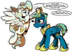 Size: 3263x2383 | Tagged: safe, artist:gray--day, sky stinger, vapor trail, pegasus, pony, top bolt, blushing, cardboard, chest fluff, cute, dialogue, duo, embarrassed, female, giggling, male, mare, nose wrinkle, pretty, pretty princess, princess of flying, simple background, speech bubble, stallion, transparent background, wing fluff