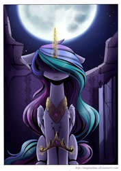 Size: 3000x4245 | Tagged: safe, artist:magnaluna, derpibooru import, princess celestia, alicorn, pony, female, floppy ears, full moon, hidden eyes, magic, mare, night sky, solo, stars