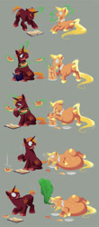 Size: 1500x3414 | Tagged: safe, artist:mellowhen, oc, oc only, oc:shortstack, oc:wholewheat, earth pony, pony, unicorn, beard, belly, bhm, bloated, burp, do not want, fat, force feeding, levitation, long tail, magic, male, obese, pancakes, spell, stallion, stuffing, weight gain