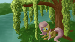 Size: 3840x2160 | Tagged: safe, artist:uber-dragon, fluttershy, pegasus, pony, grass, lying down, prone, river, solo, tree, under the tree, water