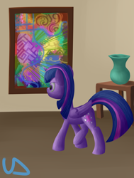 Size: 2160x2860 | Tagged: safe, artist:uber-dragon, twilight sparkle, twilight sparkle (alicorn), alicorn, pony, abstract art, modern art, museum, picture frame, solo, table, vase, walking