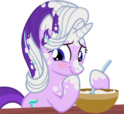 Size: 3211x2968 | Tagged: safe, artist:ironm17, starlight glimmer, pony, unicorn, every little thing she does, baking, blushing, cute, embarrassed, female, flour, glimmerbetes, looking back, mare, messy, raised hoof, simple background, smiling, solo, spoon, table, transparent background, vector