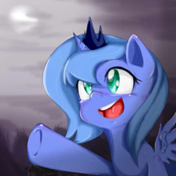 Size: 512x512 | Tagged: safe, artist:mikedom, princess luna, alicorn, pony, :d, colored pupils, cute, filly, gray background, looking at something, lunabetes, moon, open mouth, reaching, simple background, smiling, solo, spread wings, underhoof, woona, younger