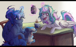 Size: 1600x1000 | Tagged: safe, artist:1an1, princess celestia, princess luna, alicorn, pony, alternate hairstyle, bed mane, chair, coffee, cup, curved horn, gradient background, hair bun, leaning, levitation, lidded eyes, looking at each other, magic, messy mane, open mouth, scroll, sitting, smiling, table, telekinesis, wide eyes