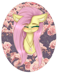 Size: 1069x1353 | Tagged: safe, artist:fellabyss, fluttershy, pegasus, pony, blushing, bust, cute, ear fluff, eyes closed, floppy ears, fluffy, jewelry, necklace, portrait, shyabetes, smiling, solo