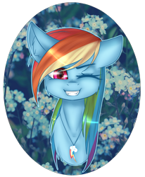 Size: 1155x1405 | Tagged: safe, artist:fellabyss, rainbow dash, pegasus, pony, awesome, beautiful, bust, colored pupils, cute, dashabetes, ear fluff, flower, grin, jewelry, necklace, one eye closed, portrait, smiling, solo, wink