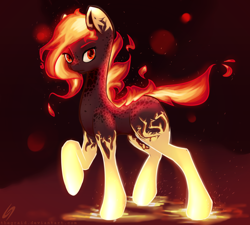 Size: 2000x1800 | Tagged: safe, artist:thegraid, oc, oc only, pony, dark background, elemental, female, fire, fire pony, lava, lava pony, mane of fire, mare, red background, simple background, solo