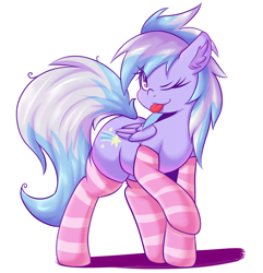 Size: 4500x4668 | Tagged: safe, artist:graphene, cloudchaser, pegasus, pony, ;p, absurd resolution, blue mane, blue tail, clothes, cute, cutechaser, cutie mark, ear fluff, female, gloves, looking at you, mare, mlem, one eye closed, purple coat, purple eyes, raised hoof, raised leg, side view, simple background, smiling, smiling at you, socks, solo, standing, stockings, striped gloves, striped socks, striped stockings, tongue, tongue out, two toned mane, two toned tail, white background, wink, winking at you