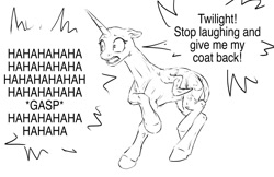 Size: 1280x828 | Tagged: safe, artist:silfoe, derpibooru import, princess luna, twilight sparkle, alicorn, pony, bald, black and white, dialogue, embarrassed, female, furless, grayscale, hairless, laughing, mare, monochrome, offscreen character, other royal book, raised hoof, shaved, simple background, speech bubble, white background