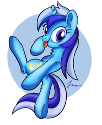 Size: 1800x2200 | Tagged: safe, artist:atmosseven, minuette, chest fluff, cute, ear fluff, looking at you, solo, tongue out, underhoof