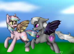 Size: 759x557 | Tagged: safe, artist:katarikat, oc, oc only, oc:amethyst sky, oc:paper stars, bat pony, pony, amputee, cute, playing, running, stump