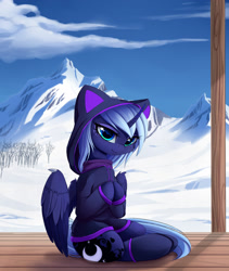 Size: 2400x2845 | Tagged: safe, artist:magnaluna, derpibooru import, princess luna, alicorn, pony, cat ears, clothes, cute, female, filly, hoodie, looking at you, mare, snow, solo, sweet dreams fuel, woona