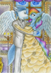 Size: 1969x2795 | Tagged: safe, artist:sinaherib, derpibooru import, rainbow dash, soarin', anthro, clothes, dress, female, male, shipping, soarindash, straight, traditional art