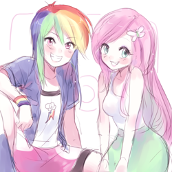 Size: 1000x1000 | Tagged: safe, artist:odaefnyo, fluttershy, rainbow dash, human, blushing, clothes, cute, dashabetes, equestria girls outfit, female, flutterdash, grin, humanized, lesbian, looking at you, shipping, shyabetes, skirt, smiling, tanktop