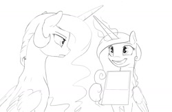 Size: 1280x829 | Tagged: safe, artist:silfoe, derpibooru import, princess cadance, princess celestia, alicorn, pony, exploitable, frown, grayscale, grin, monochrome, royal sketchbook, sketch, smiling