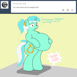 Size: 5000x5000 | Tagged: safe, artist:zeldafan777, lyra heartstrings, absurd resolution, alternate hairstyle, ask, ask fatbelliedlyra, belly button, big belly, fat, lard-ra heartstrings, obese, scale, solo, tumblr