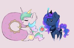 Size: 1280x845 | Tagged: safe, artist:magnaluna, derpibooru import, princess celestia, princess luna, alicorn, pony, :<, apple, blushing, chibi, colored wings, colored wingtips, cute, donut, donutlestia, eyes closed, fluffy, food, frown, hug, levitation, magic, open mouth, pointy ponies, simple background, sitting, smiling, telekinesis, white background