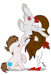 Size: 3400x4949 | Tagged: safe, artist:rsa.fim, oc, oc only, oc:crash bash, oc:whisper hope, earth pony, pegasus, pony, blushing, bow, couple, crashope, eyes closed, flustered, kissing, making out, male, mexican, oc x oc, plop, shipping, straight, tail bow, unitárium