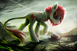 Size: 1147x752 | Tagged: safe, artist:hioshiru, derpibooru import, oc, oc only, fallout equestria, collar, looking at you, looking back, nurse, red cross, scar, solo, stitches