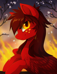 Size: 690x900 | Tagged: safe, artist:hioshiru, derpibooru import, oc, oc only, pegasus, pony, fire, looking at you, side view, smiling, solo