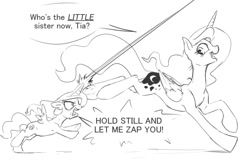 Size: 1280x828 | Tagged: safe, artist:silfoe, derpibooru import, princess celestia, princess luna, alicorn, pony, age regression, angry, cewestia, cute, dialogue, female, filly, grayscale, magic, magic blast, mare, monochrome, open mouth, royal sketchbook, sketch, speech bubble