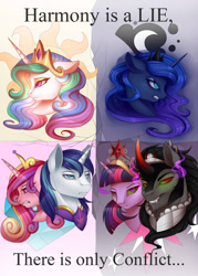 Size: 1024x1434 | Tagged: safe, artist:evehly, derpibooru import, king sombra, nightmare moon, princess cadance, princess celestia, princess luna, shining armor, twilight sparkle, twilight sparkle (alicorn), alicorn, pony, unicorn, alicorn tetrarchy, alternate universe, angry, broken, crying, element of magic, eyeshadow, female, floppy ears, frown, glare, glowing eyes, grin, gritted teeth, makeup, male, nightmare luna, reference, shipping, sith, slit eyes, smiling, smirk, star wars, straight, twibra, twilight is anakin