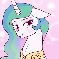 Size: 512x512 | Tagged: safe, artist:lulubell, derpibooru import, princess celestia, alicorn, pony, blushing, bust, cute, cutelestia, floppy ears, grin, lidded eyes, looking at you, smiling, solo