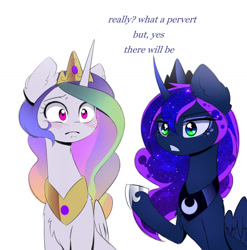 Size: 1280x1297 | Tagged: dead source, safe, artist:magnaluna, derpibooru import, princess celestia, princess luna, alicorn, pony, blushing, dialogue, female, mare, open mouth, simple background, white background