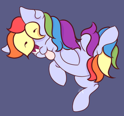 Size: 960x901 | Tagged: safe, artist:hedgehog-plant, rainbow dash, pegasus, pony, female, mare, on back, one eye closed, simple background, solo, tongue out