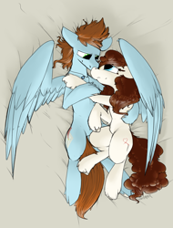 Size: 1050x1379 | Tagged: safe, artist:sinrar, derpibooru import, oc, oc only, oc:charlie, oc:sorren, charren, commission, cuddling, snuggling