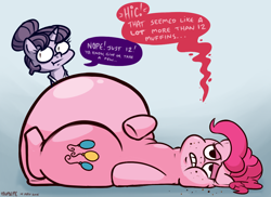 Size: 1100x800 | Tagged: safe, artist:paupoepic, pinkie pie, sugar belle, earth pony, pony, the cutie map, belly, equalized, fat, obese, piggy pie, pudgy pie, stuffed