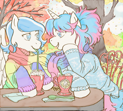 Size: 2200x2000 | Tagged: safe, artist:lavilovi, oc, oc only, oc:iridescence, oc:winterspear, pegasus, pony, unicorn, autumn, chocolate, clothes, coffee, cute, female, food, hot chocolate, lesbian, napkin, oc x oc, park, scarf, shared clothing, shared scarf, shipping, smiling, spoon, straw, sunbucks, sweater, table, talking