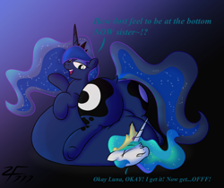 Size: 1218x1024 | Tagged: safe, artist:zeldafan777, princess celestia, princess luna, alicorn, pony, belly, belly bed, big belly, dock, fat, impossibly large belly, moonbutt, obese, plot, princess moonpig, the ass was fat