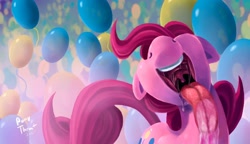 Size: 1920x1104 | Tagged: safe, artist:ponythroat, pinkie pie, earth pony, pony, balloon, drool, female, fourth wall, licking, mare, maw, nose in the air, smiling, solo, solo female, tongue out, uvula, wallpaper