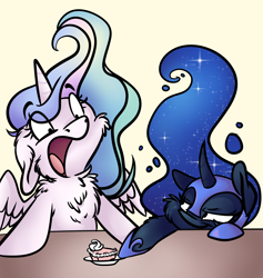 Size: 7016x7386 | Tagged: safe, artist:cutepencilcase, nightmare moon, princess celestia, alicorn, pony, troll, absurd resolution, cake, cakelestia, cheek fluff, chest fluff, female, floppy ears, fluffy, food, frown, lidded eyes, looking down, mare, open mouth, plate, simple background, smirk, spread wings, table, teasing, this will end in tears and/or a journey to the moon, trolluna, wide eyes