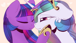 Size: 1280x721 | Tagged: dead source, safe, artist:magnaluna, derpibooru import, princess celestia, twilight sparkle, alicorn, pony, eyes closed, female, horn jewelry, horns are touching, jewelry, lesbian, mare, shipping, smiling, twilestia