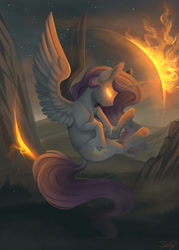 Size: 2500x3500 | Tagged: safe, artist:evehly, derpibooru import, princess celestia, alicorn, pony, cloven hooves, glowing eyes, magic, pink-mane celestia, solo, spread wings, unshorn fetlocks, younger