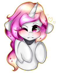 Size: 1024x1300 | Tagged: safe, artist:alliedrawsart, oc, oc only, oc:orchid blossom, pony, unicorn, blushing, choker, cute, female, floppy ears, heart, mare, one eye closed, simple background, solo, transparent background, wink