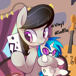 Size: 1600x1600 | Tagged: safe, artist:maren, derpibooru import, dj pon-3, octavia melody, vinyl scratch, earth pony, pony, unicorn, cute, female, hashtag, lesbian, mare, plushie, scratchtavia, selfie, shipping, solo