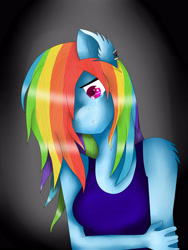 Size: 3000x4000 | Tagged: safe, artist:rainbowsmile6, derpibooru import, rainbow dash, anthro, pegasus, clothes, crying, female, hair over one eye, mare, sad, solo, tanktop, teary eyes