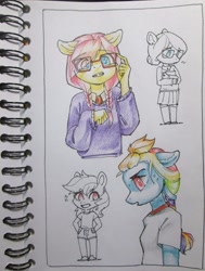 Size: 817x1080 | Tagged: safe, artist:aphphphphp, derpibooru import, fluttershy, rainbow dash, anthro, clothes, glasses, sweater, sweatershy, traditional art