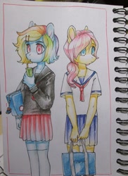 Size: 788x1080 | Tagged: safe, artist:aphphphphp, derpibooru import, fluttershy, rainbow dash, anthro, clothes, juice, juice box, school uniform, traditional art