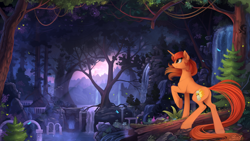 Size: 2500x1406 | Tagged: safe, artist:yakovlev-vad, derpibooru import, oc, oc only, pony, unicorn, commission, crepuscular rays, evening, lake, patreon reward, plot, rainforest, raised hoof, scenery, smiling, solo, underhoof, waterfall