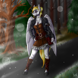 Size: 2000x2000 | Tagged: safe, artist:stirren, oc, oc only, oc:storm shield, anthro, pegasus, unguligrade anthro, clothes, corset, forest, hooves, looking at you, pose, skirt, solo, standing, steampunk, unshorn fetlocks, wings