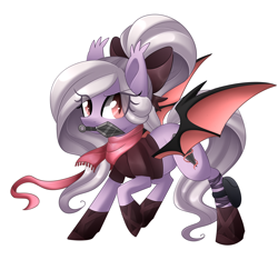 Size: 2244x2100 | Tagged: safe, artist:scarlet-spectrum, oc, oc only, oc:violet thorn, bat pony, pony, bandage, bow, clothes, commission, fangs, hair bow, kunai, kunoichi, mouth hold, ninja, pouch, raised hoof, scarf, slit eyes, solo