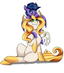 Size: 628x713 | Tagged: safe, artist:crecious, oc, oc only, oc:feather freight, oc:mercury, original species, pegasus, cute, feathered ears, pony hat, size difference