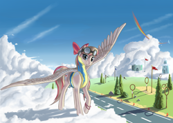 Size: 3150x2256 | Tagged: safe, artist:lightly-san, angel wings, rainbow dash, pegasus, pony, top bolt, academy, clothes, female, goggles, looking at you, make a wish foundation, mare, raised hoof, solo focus, wonderbolt trainee uniform