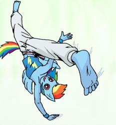 Size: 1044x1125 | Tagged: safe, artist:eulicious, derpibooru import, rainbow dash, anthro, plantigrade anthro, barefoot, belly button, capoeira, clothes, feet, fetish, foot fetish, foot focus, martial arts, midriff, pants, simple background, solo, tube top